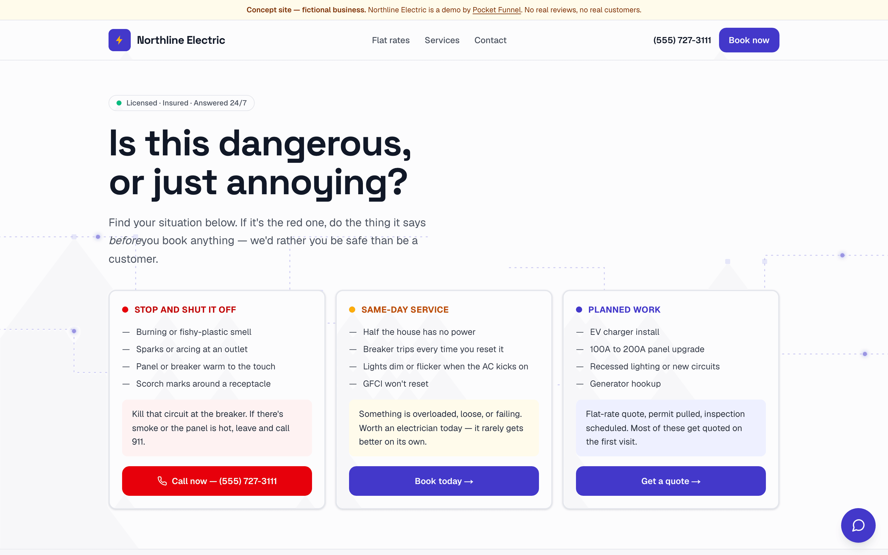 Electrical concept site on desktop — fictional business, built by Pocket Funnel.
