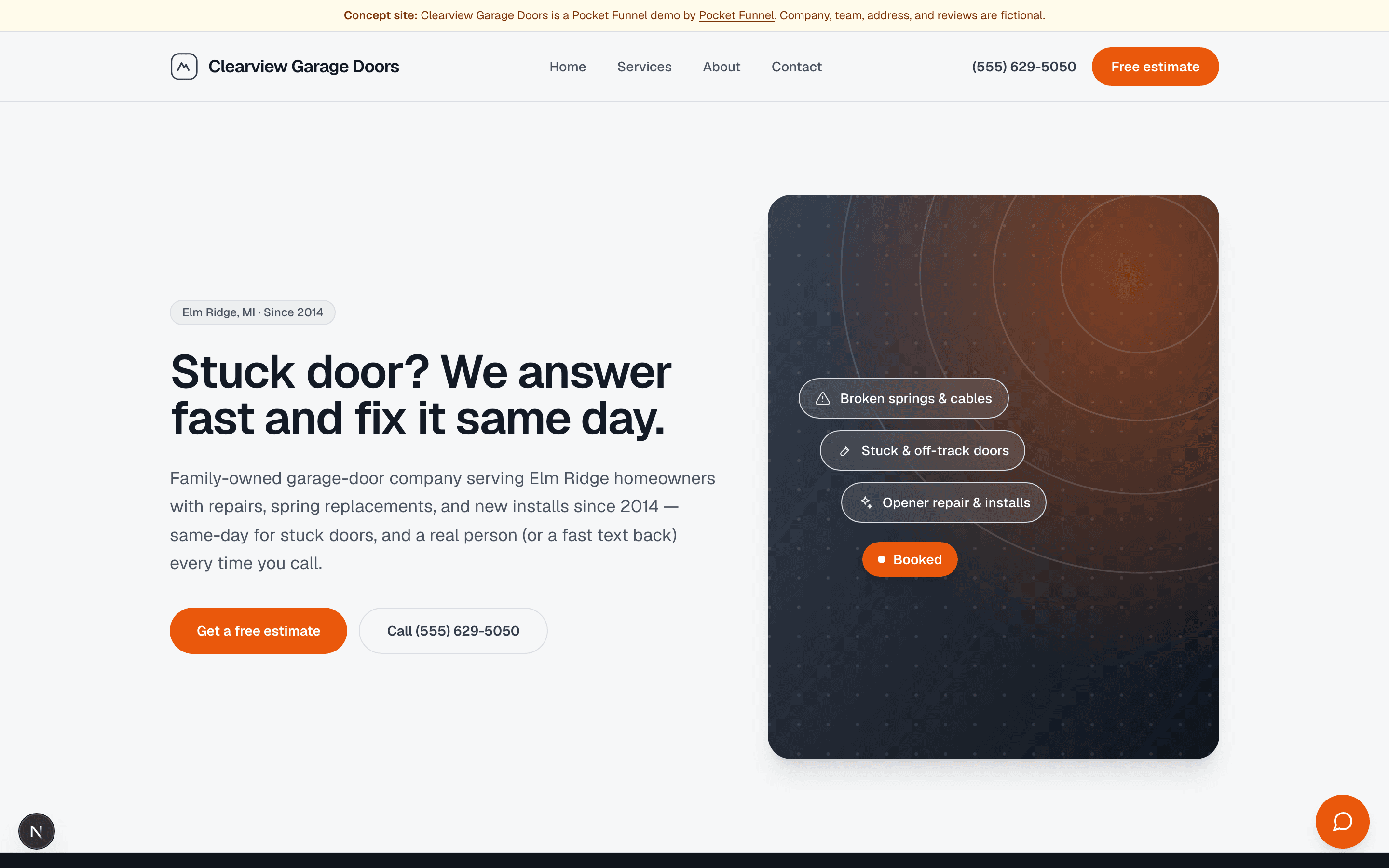 Clearview Garage Doors — a live Pocket Funnel demo site. Sample business.