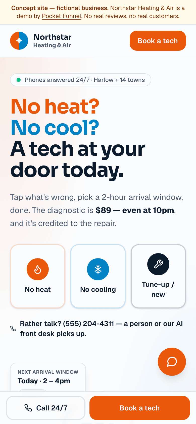 HVAC & Furnace concept site on a phone — fictional business.