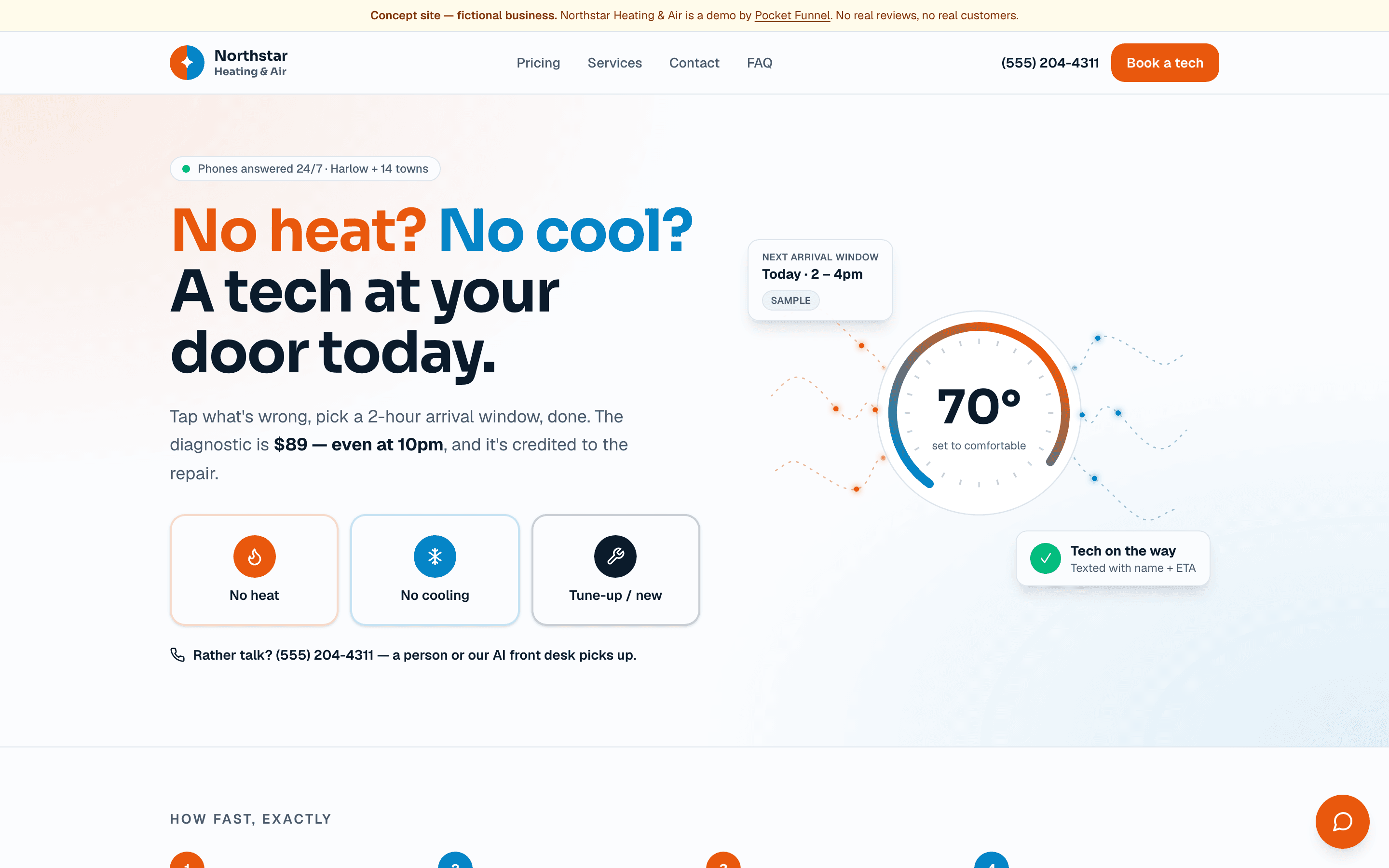 HVAC & Furnace concept site on desktop — fictional business, built by Pocket Funnel.