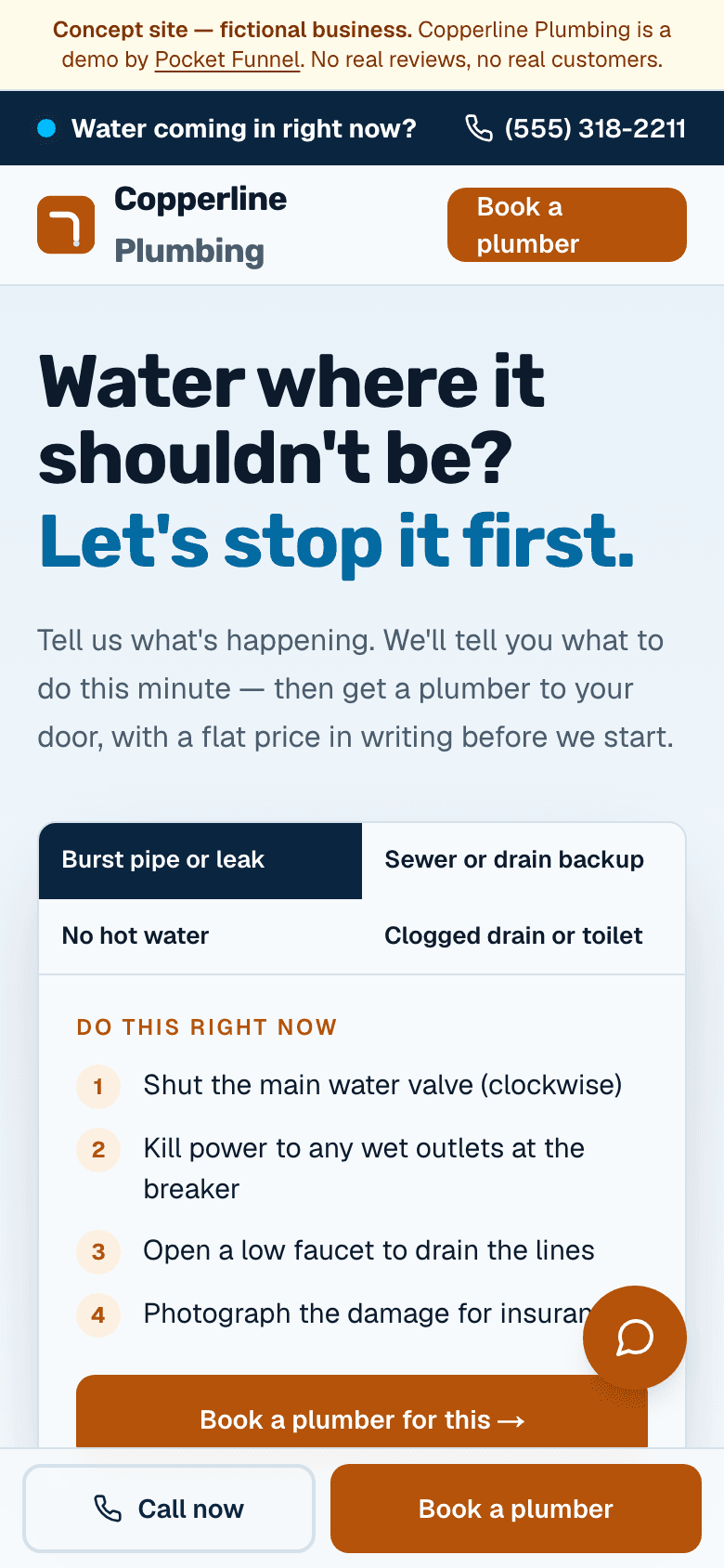 Plumbing concept site on a phone — fictional business.