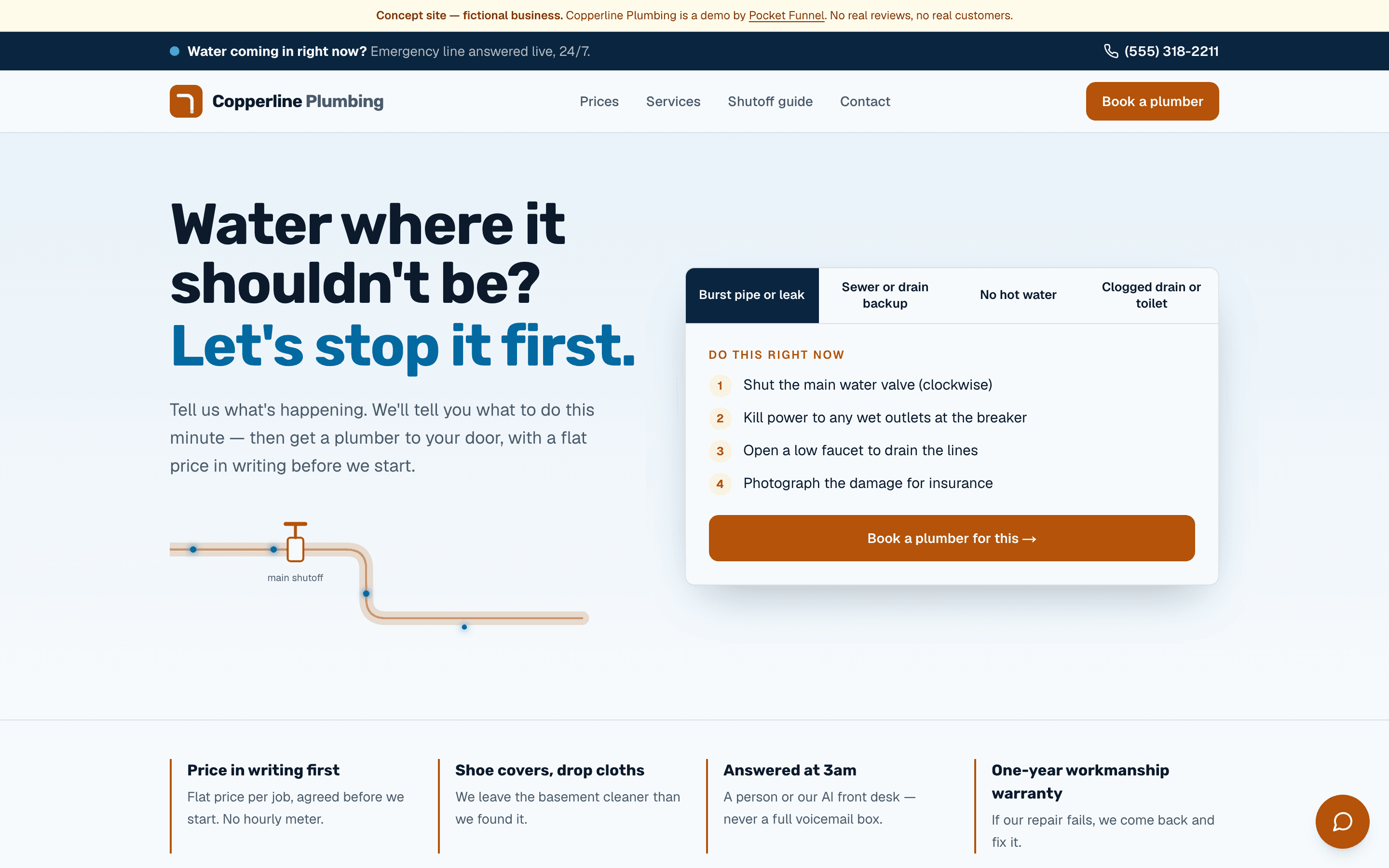 Plumbing concept site on desktop — fictional business, built by Pocket Funnel.