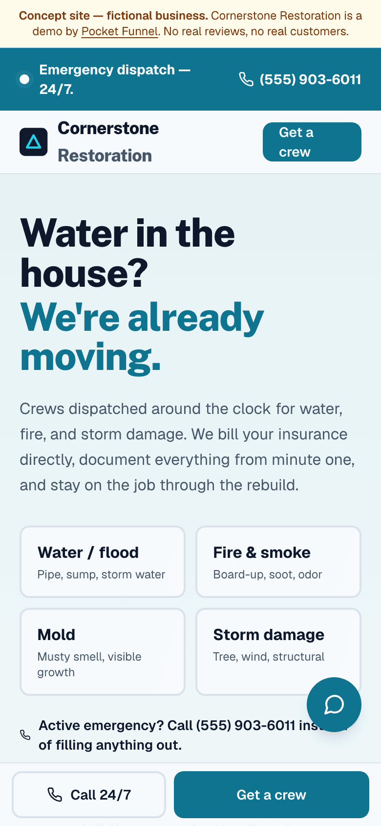 Remodeling & Restoration concept site on a phone — fictional business.