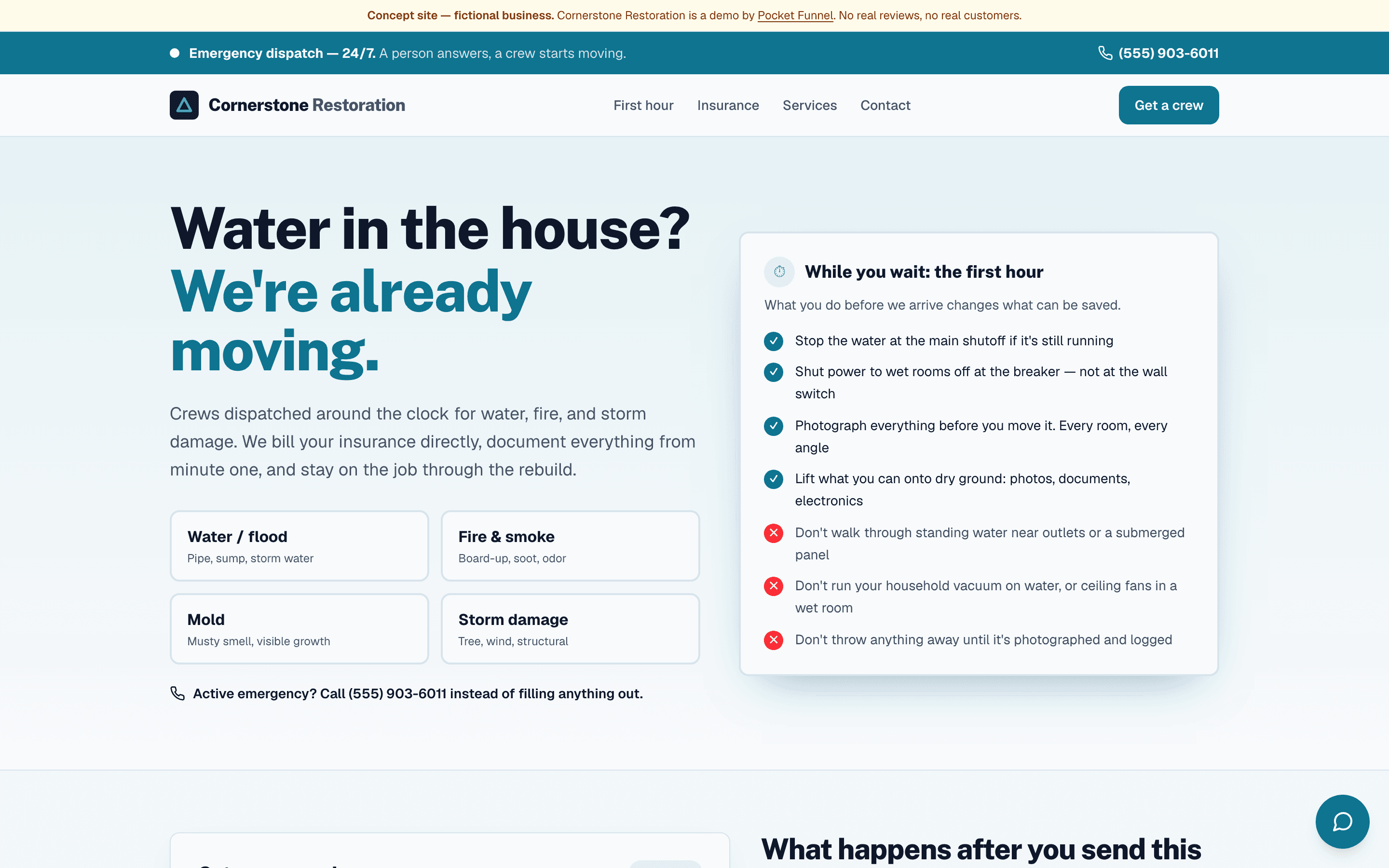 Remodeling & Restoration concept site on desktop — fictional business, built by Pocket Funnel.