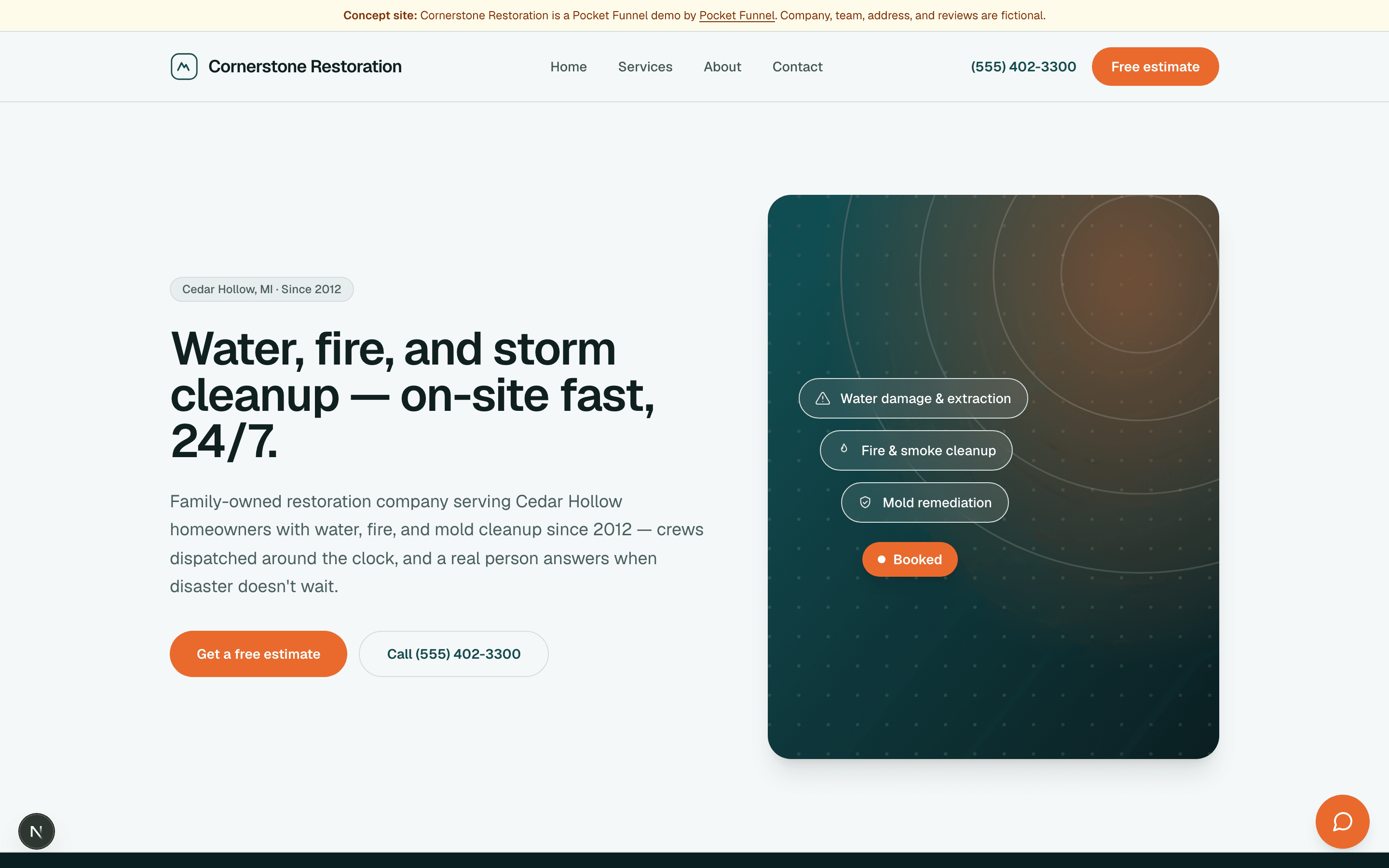 Cornerstone Restoration — a live Pocket Funnel demo site. Sample business.