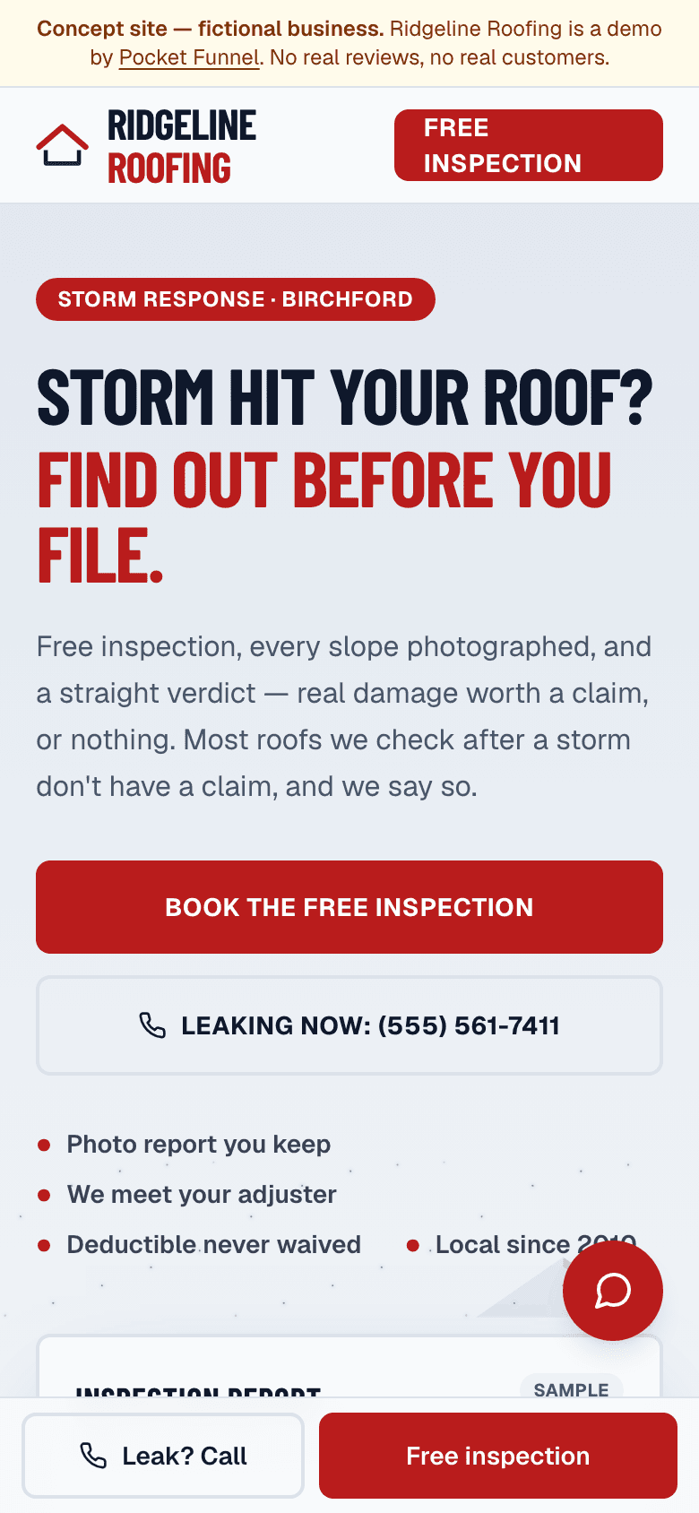 Roofing concept site on a phone — fictional business.
