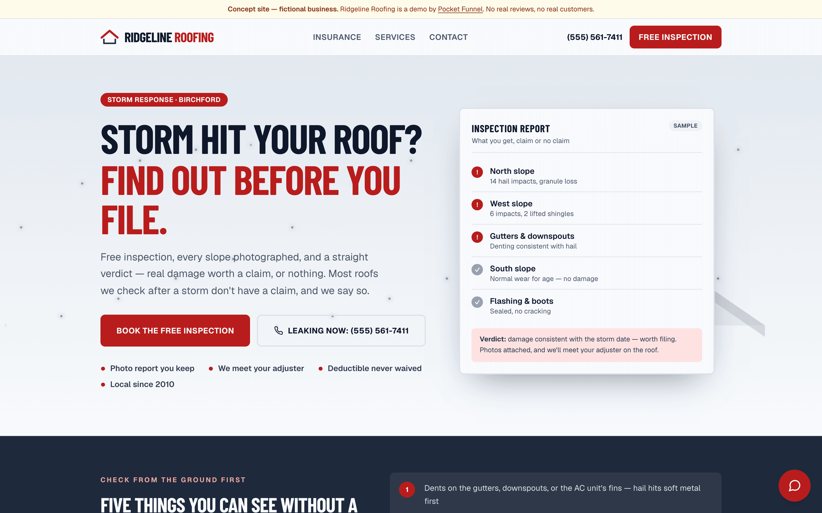 Roofing concept site on desktop — fictional business, built by Pocket Funnel.