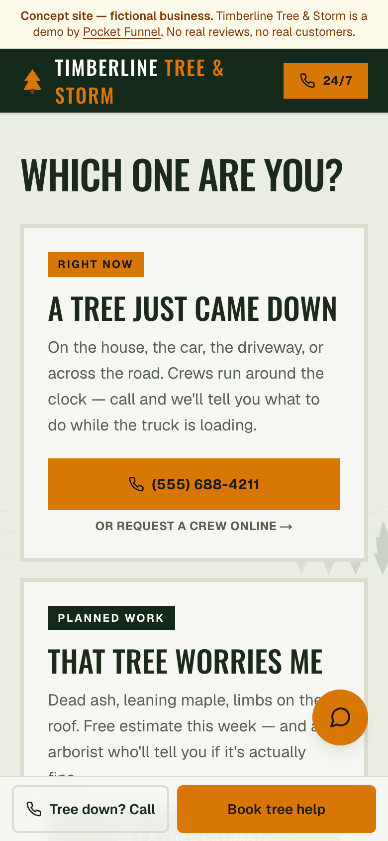 Tree & Storm concept site on a phone — fictional business.