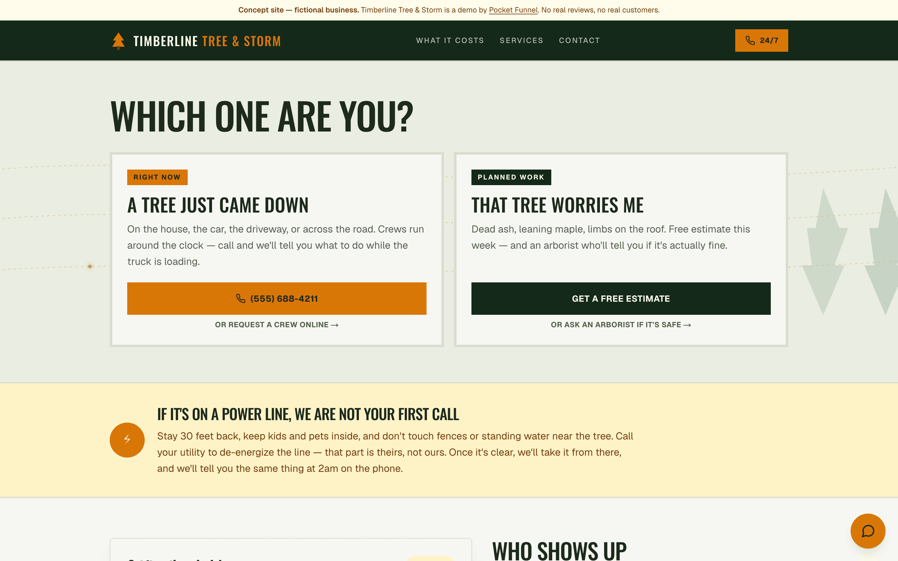Tree & Storm concept site on desktop — fictional business, built by Pocket Funnel.