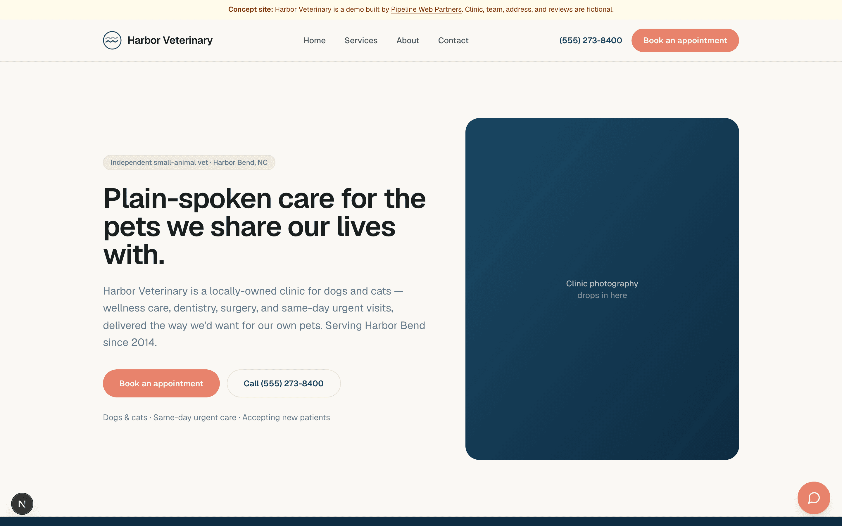 Harbor Veterinary — a live Pocket Funnel demo site. Sample business.